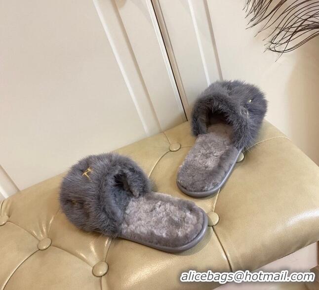 Trendy Design Louis Vuitton LV Embroidered Mink Fur Homey Mules 111246 Grey