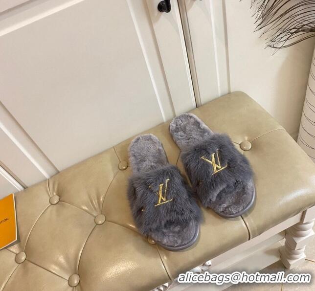 Trendy Design Louis Vuitton LV Embroidered Mink Fur Homey Mules 111246 Grey