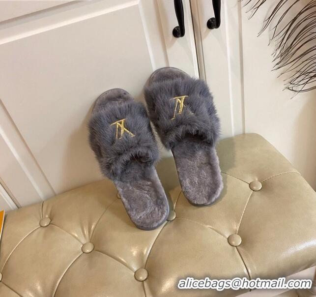 Trendy Design Louis Vuitton LV Embroidered Mink Fur Homey Mules 111246 Grey