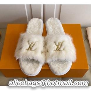 Good Quality Louis Vuitton LV Embroidered Mink Fur Homey Mules 111246 White