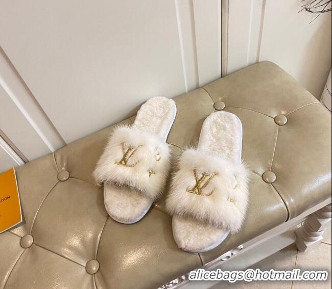 Good Quality Louis Vuitton LV Embroidered Mink Fur Homey Mules 111246 White