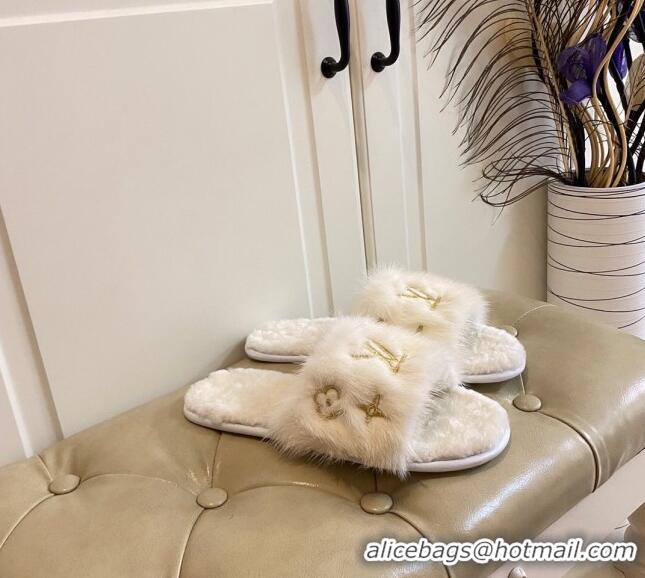 Good Quality Louis Vuitton LV Embroidered Mink Fur Homey Mules 111246 White