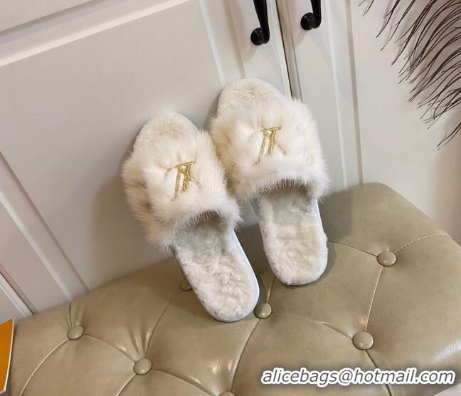 Good Quality Louis Vuitton LV Embroidered Mink Fur Homey Mules 111246 White