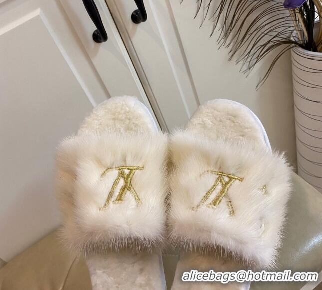 Good Quality Louis Vuitton LV Embroidered Mink Fur Homey Mules 111246 White