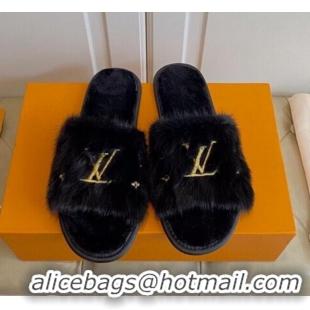 Popular Style Louis Vuitton LV Embroidered Mink Fur Homey Mules 111246 Black