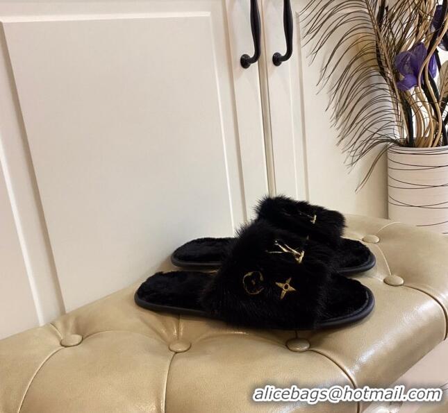 Popular Style Louis Vuitton LV Embroidered Mink Fur Homey Mules 111246 Black