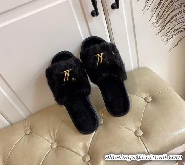 Popular Style Louis Vuitton LV Embroidered Mink Fur Homey Mules 111246 Black