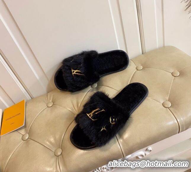 Popular Style Louis Vuitton LV Embroidered Mink Fur Homey Mules 111246 Black