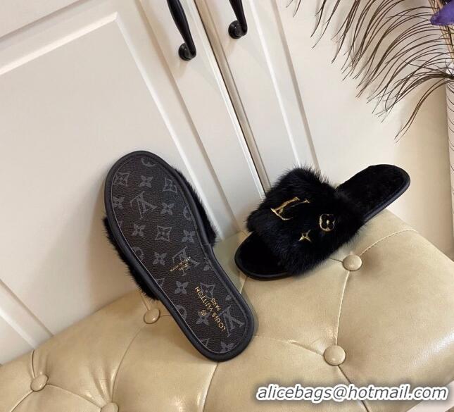 Popular Style Louis Vuitton LV Embroidered Mink Fur Homey Mules 111246 Black