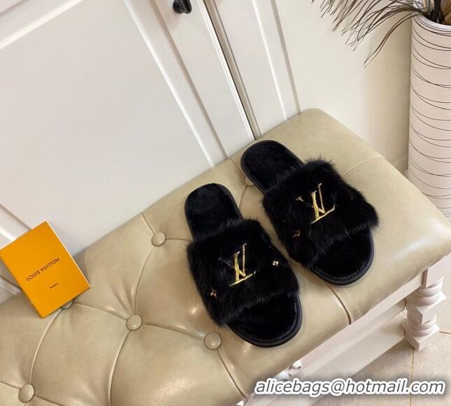 Popular Style Louis Vuitton LV Embroidered Mink Fur Homey Mules 111246 Black