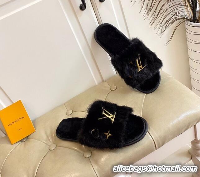 Popular Style Louis Vuitton LV Embroidered Mink Fur Homey Mules 111246 Black