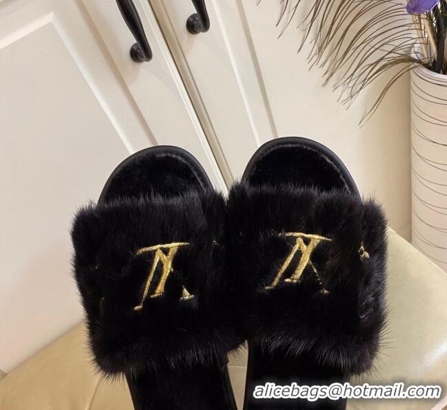 Popular Style Louis Vuitton LV Embroidered Mink Fur Homey Mules 111246 Black