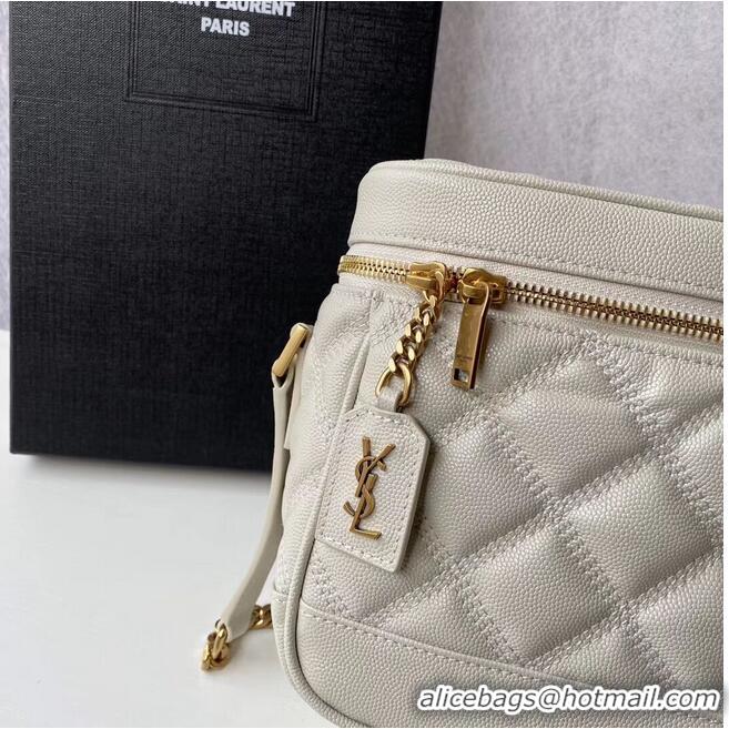 Super Quality SAINT LAURENT 80S VANITY BAG IN CARRE-QUILTED GRAIN DE POUDRE EMBOSSED LEATHER 649779 White