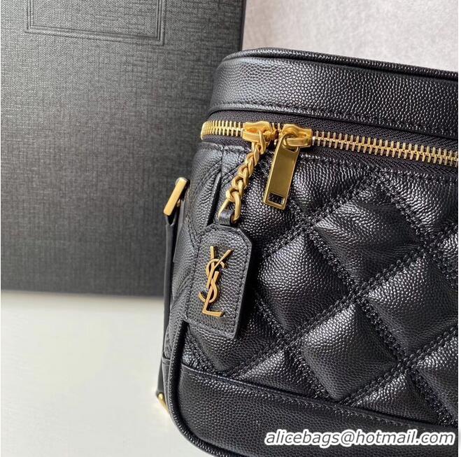 Unique Grade SAINT LAURENT 80S VANITY BAG IN CARRE-QUILTED GRAIN DE POUDRE EMBOSSED LEATHER 649779 black