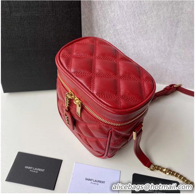 Unique Style SAINT LAURENT 80S VANITY BAG IN CARRE-QUILTED GRAIN DE POUDRE EMBOSSED LEATHER 649779 red