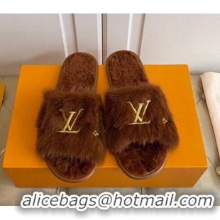 Cute Louis Vuitton LV Embroidered Mink Fur Homey Mules 111246 Brown