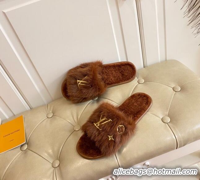 Cute Louis Vuitton LV Embroidered Mink Fur Homey Mules 111246 Brown