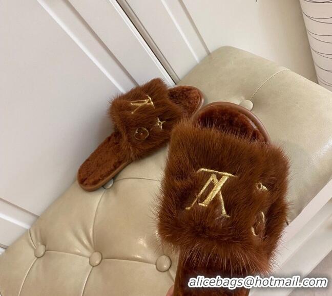 Cute Louis Vuitton LV Embroidered Mink Fur Homey Mules 111246 Brown