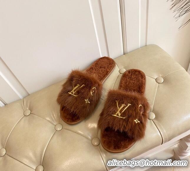 Cute Louis Vuitton LV Embroidered Mink Fur Homey Mules 111246 Brown