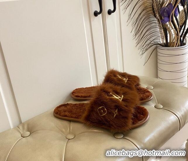 Cute Louis Vuitton LV Embroidered Mink Fur Homey Mules 111246 Brown