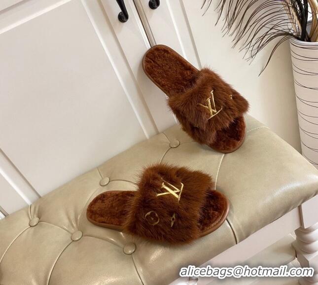 Cute Louis Vuitton LV Embroidered Mink Fur Homey Mules 111246 Brown