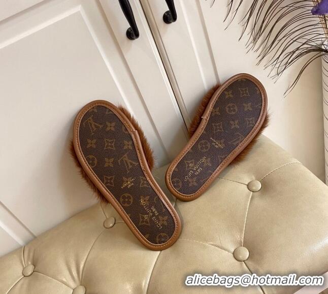 Cute Louis Vuitton LV Embroidered Mink Fur Homey Mules 111246 Brown