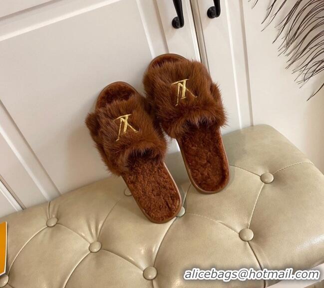 Cute Louis Vuitton LV Embroidered Mink Fur Homey Mules 111246 Brown