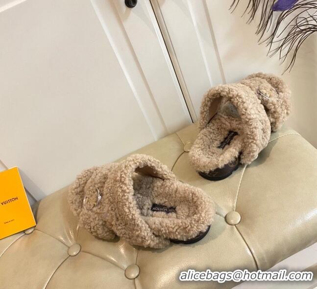 Discount Louis Vuitton Bom Dia Shearling Wool Flat Mules Sandals 111250 Beige