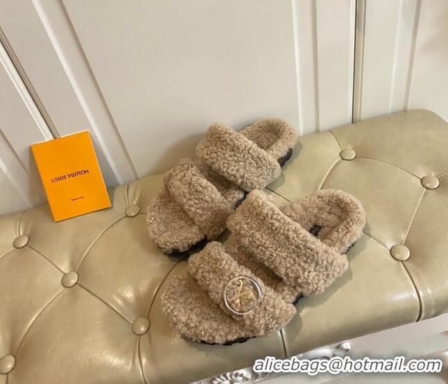 Discount Louis Vuitton Bom Dia Shearling Wool Flat Mules Sandals 111250 Beige