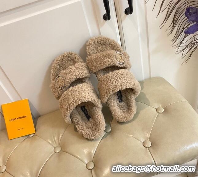 Discount Louis Vuitton Bom Dia Shearling Wool Flat Mules Sandals 111250 Beige