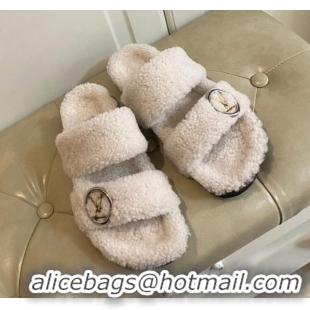 Low Price Louis Vuitton Bom Dia Shearling Wool Flat Mules Sandals 111250 White