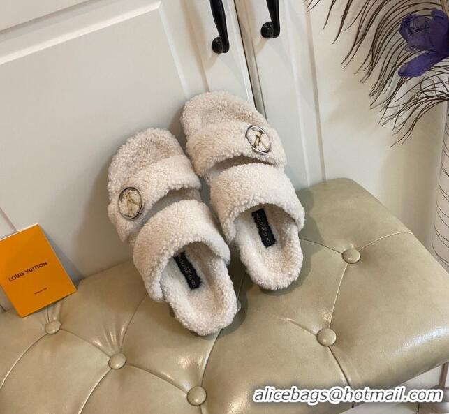 Low Price Louis Vuitton Bom Dia Shearling Wool Flat Mules Sandals 111250 White