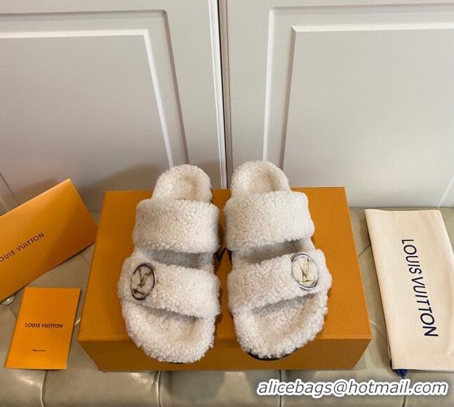 Low Price Louis Vuitton Bom Dia Shearling Wool Flat Mules Sandals 111250 White