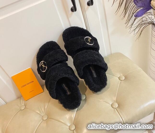 Perfect Louis Vuitton Bom Dia Shearling Wool Flat Mules Sandals 111250 Black