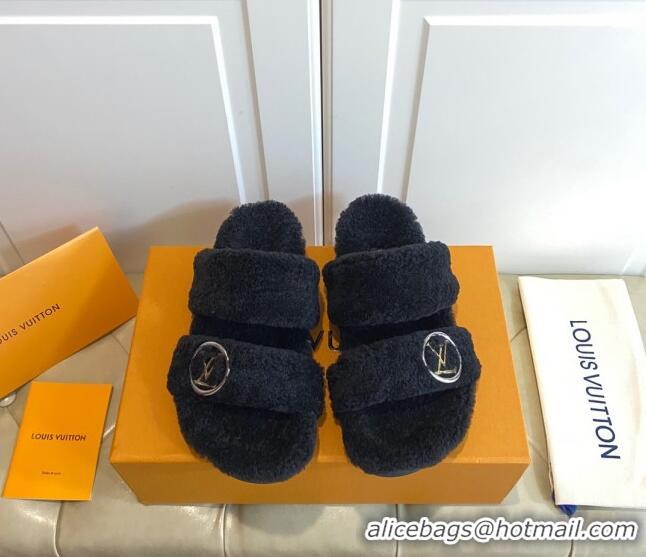 Perfect Louis Vuitton Bom Dia Shearling Wool Flat Mules Sandals 111250 Black