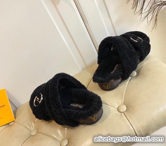 Perfect Louis Vuitton Bom Dia Shearling Wool Flat Mules Sandals 111250 Black