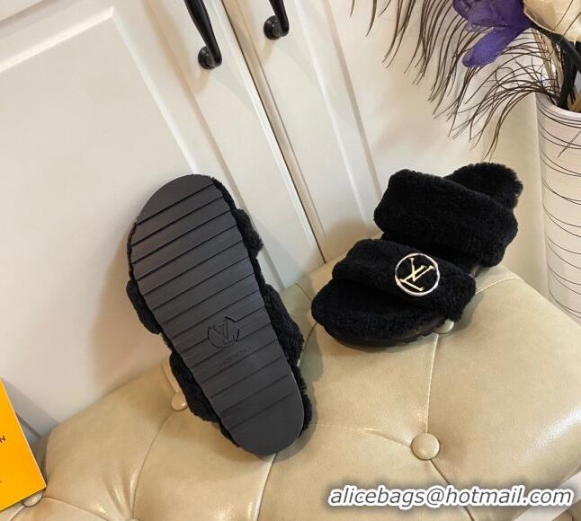 Perfect Louis Vuitton Bom Dia Shearling Wool Flat Mules Sandals 111250 Black