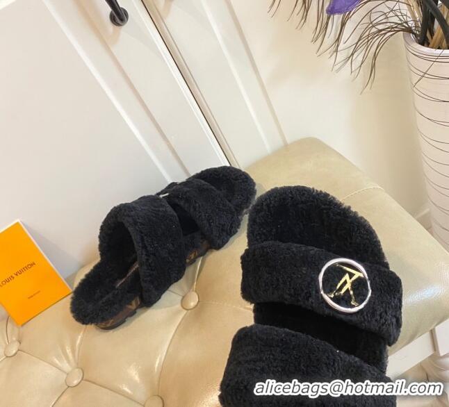 Perfect Louis Vuitton Bom Dia Shearling Wool Flat Mules Sandals 111250 Black