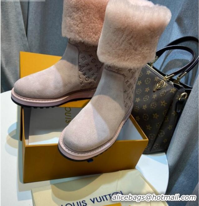 Grade Louis Vuitton Monogram Suede Short Boots with Wool Foldover 111404 Pink