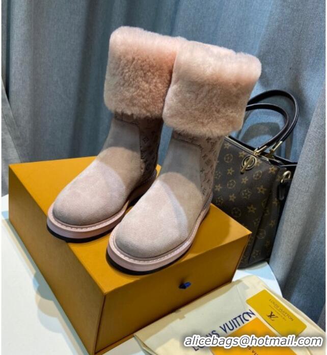 Grade Louis Vuitton Monogram Suede Short Boots with Wool Foldover 111404 Pink