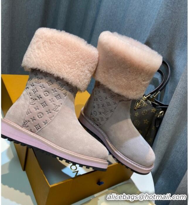 Grade Louis Vuitton Monogram Suede Short Boots with Wool Foldover 111404 Pink