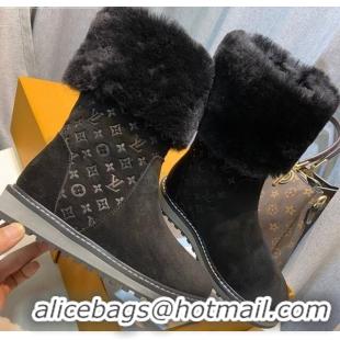 Good Looking Louis Vuitton Monogram Suede Short Boots with Wool Foldover 111404 Black