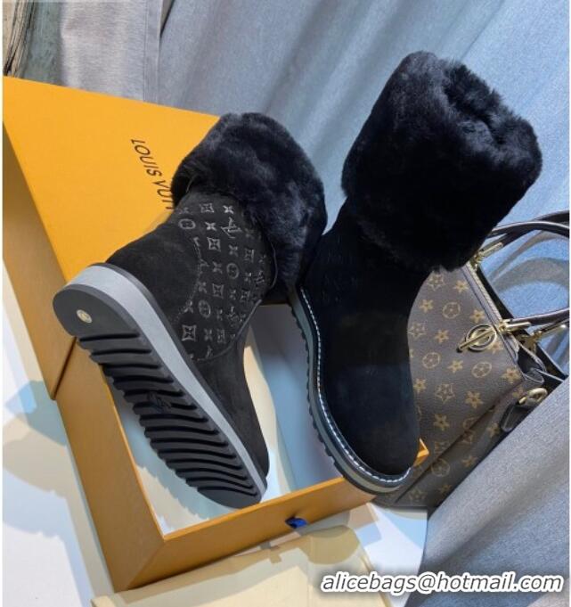 Good Looking Louis Vuitton Monogram Suede Short Boots with Wool Foldover 111404 Black