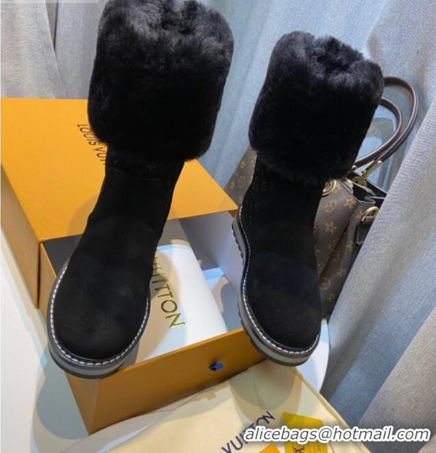 Good Looking Louis Vuitton Monogram Suede Short Boots with Wool Foldover 111404 Black