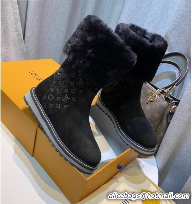 Good Looking Louis Vuitton Monogram Suede Short Boots with Wool Foldover 111404 Black