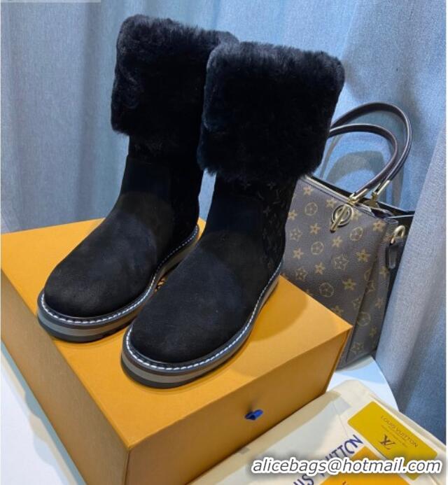 Good Looking Louis Vuitton Monogram Suede Short Boots with Wool Foldover 111404 Black