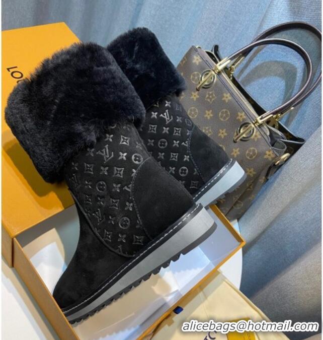 Good Looking Louis Vuitton Monogram Suede Short Boots with Wool Foldover 111404 Black