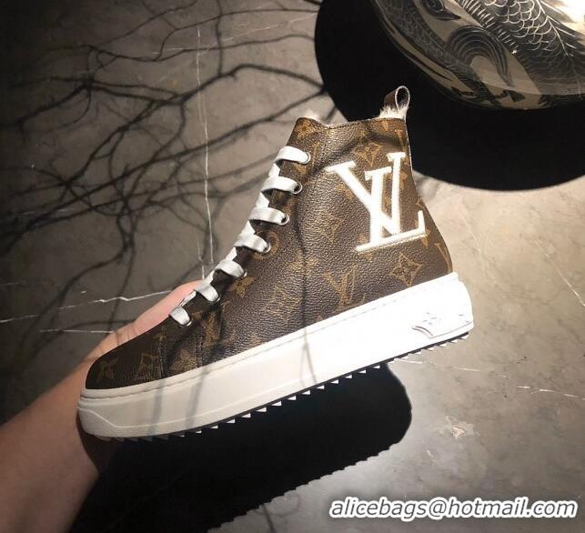 New Style Louis Vuitton Monogram Canvas Wool Short Sneaker Boots 111426 Brown