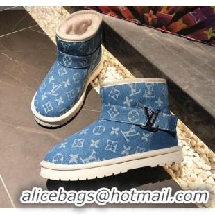 Good Quality Louis Vuitton Monogram Denim Wool Short Boots with LV Strap 111434 Blue