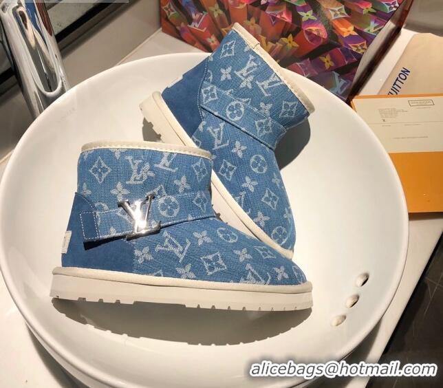 Good Quality Louis Vuitton Monogram Denim Wool Short Boots with LV Strap 111434 Blue